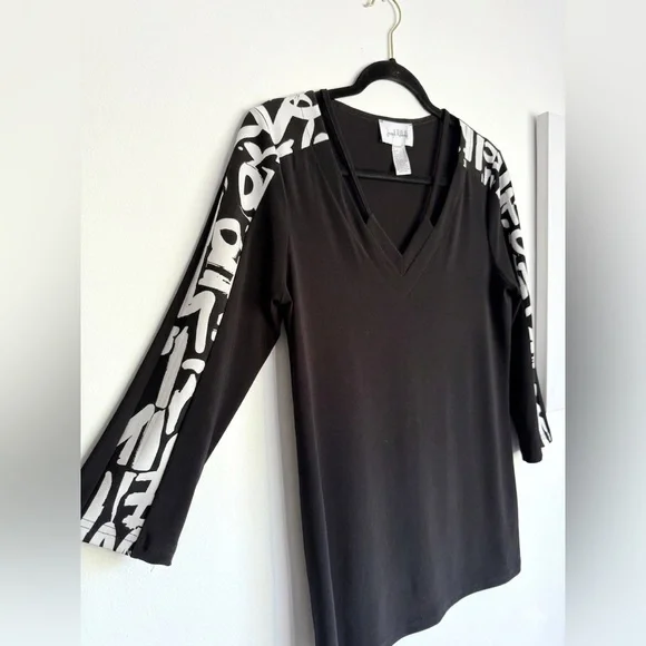 Joseph Ribkoff Canada Black V-Neck Cutout Stretch Top  Abstract Sleeve Size 4 - Picture 4 of 6